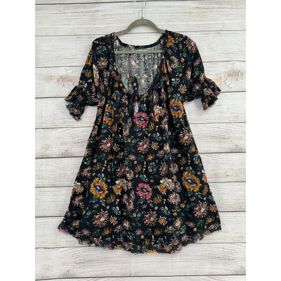 NATURAL LIFE Dresses & Skirts - Natural Life Floral Dress Womens Medium Black Sunflower Boho Ruffle Pocket